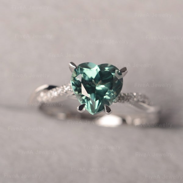 Green Sapphire Ring Engagement Ring Twisted Band Heart Shaped Ring for Women