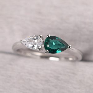 Custom Couple Birthstone Ring Sterling Silver Emerld Ring Pear Shaped 2 Stones Promise Ring
