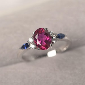 Ruby and Sapphire Ring Oval Cut Birthstone Ring Sterling Silver Engagement Ring for Women