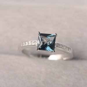 London Blue Topaz Engagement Ring Princess Cut Channel Set Ring Sterling Silver