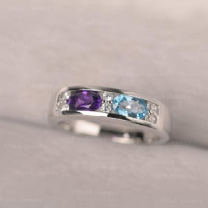 Purple Amethyst Swiss Blue Topaz Ring Oval Cut Multi-Stone Ring Sterling Silver Statement Ring
