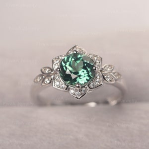 Lab Green Sapphire Flower Engagement Ring White Gold Round Cut Multi- Stone Ring For Women