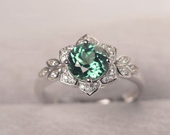 Lab Green Sapphire Flower Engagement Ring White Gold Round Cut Multi- Stone Ring For Women
