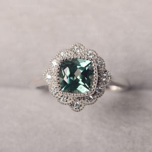 Cushion Green Sapphire Ring Teal Gemstone Flower Shaped Ring for Women