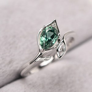 Unique Green Sapphire Anniversary Ring Pear Cut Sterling Silver Tree Branch Ring