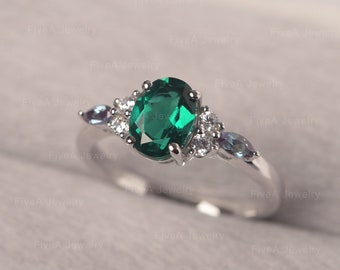 Lab Emerald Ring Oval Cut May Birthstone Multi-Stone Sterling Silver Engagement Ring