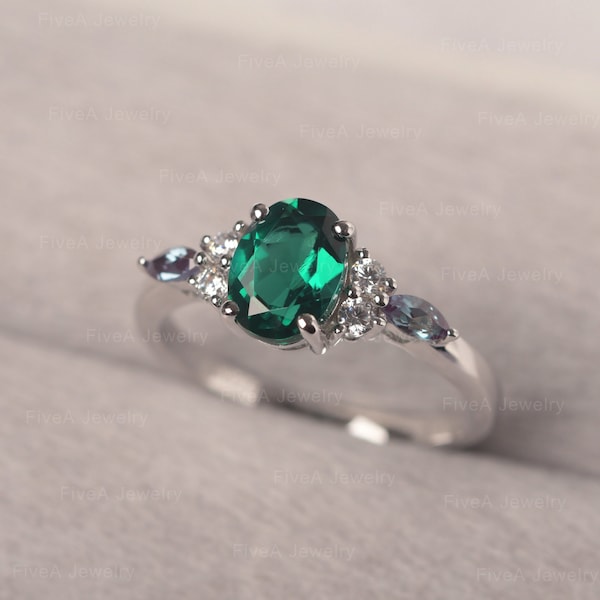 Lab Emerald Ring Oval Cut May Birthstone Multi-Stone Sterling Silver Engagement Ring