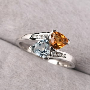 Aquamarine and Citrine Ring Sterling Silver Trillion Cut 2 Stones Mothers Ring March and November Birthstone