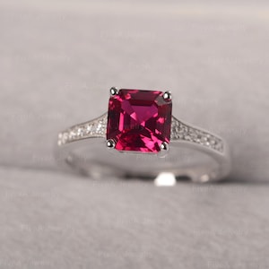 Asscher Cut Ruby Ring July Birthstone Ring Solitaire Ring Half Eternity Band Ring in White Gold