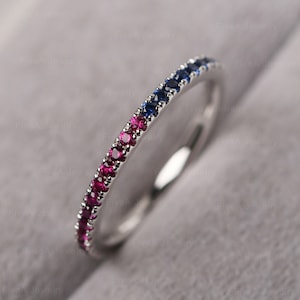Sapphire and Ruby Stackable Ring Sterling Silver Dainty Family Birthstone Stacking Eternity Ring