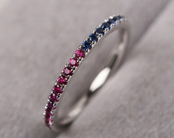 Sapphire and Ruby Stackable Ring Sterling Silver Dainty Family Birthstone Stacking Eternity Ring