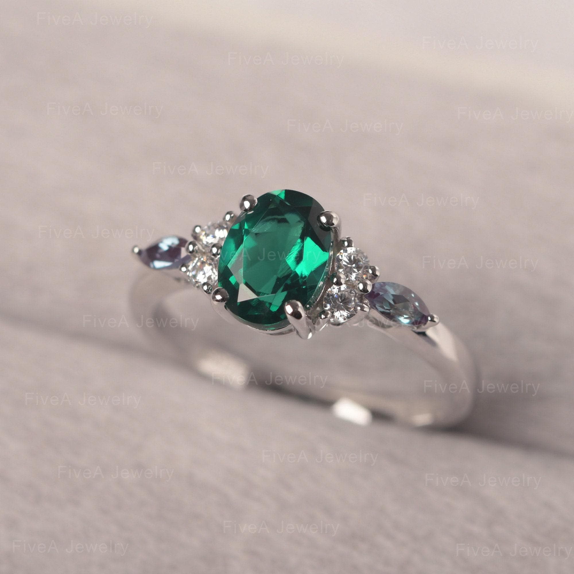 Lab Smaragd Ring Oval Schnitt Mai Birthstone Multi-Stein Sterling Silber Verlobungsring