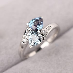 Trillion Cut Alexandrite and Aquamarine Ring Color Changing Engagement ring June and March Birthstone