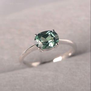 Green Sapphire Ring Minimalist Solitaire Ring Oval Shaped Engagement Ring