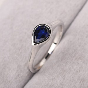 Pear Cut 7x5 mm Sapphire Ring Minimalist Signet Anniversary Ring September Birthstone Ring