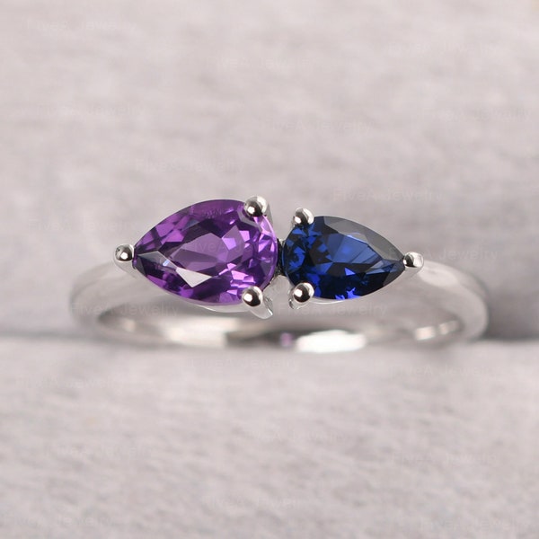 Silver Amethyst and Sapphire Ring Custom Mothers Ring Pear Shaped 2 Stones Enagagement Ring