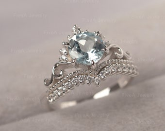 Princess Crown Aquamarine Ring Multi-Stone Cluster Ring Half Eternity Band Engagement Ring