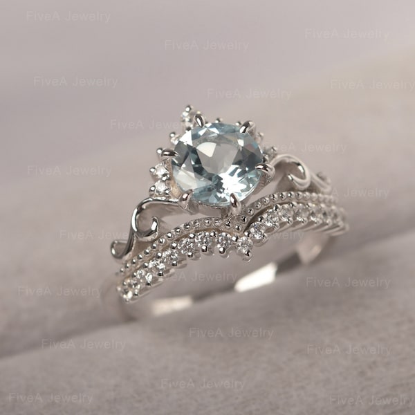 Princess Crown Aquamarine Ring Multi-Stone Cluster Ring Half Eternity Band Engagement Ring