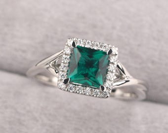 Split Schaft Smaragd Ring Sterling Silber Princess Cut Versprechen Ring für Frauen Mai Birthstone Ring