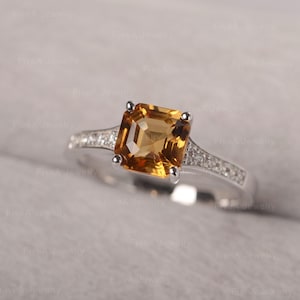 Yellow Citrine Ring Asscher Cut Champagne Gemstone Solitaire Ring Half Eternity Band Ring for Women