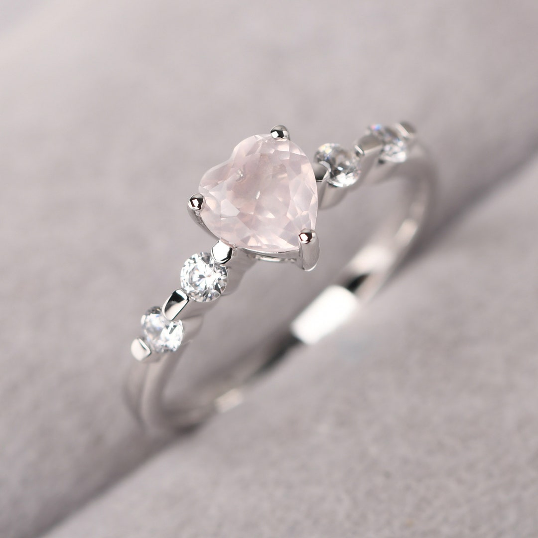 Custom Rose Quartz Proposal Ring Sterling Silver Heart Shaped Pink Quartz Engagement Ring Etsy
