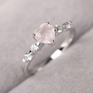 Custom Rose Quartz Proposal Ring Sterling Silver Heart Shaped Pink Quartz Engagement Ring