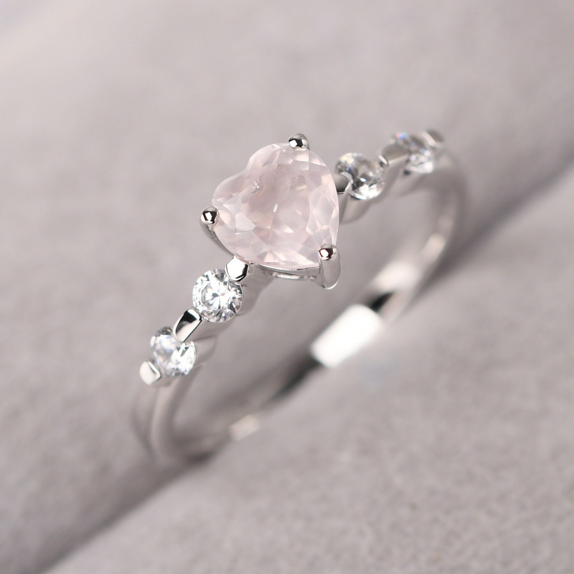 Custom Rose Quartz Proposal Ring Sterling Silver Heart Shaped Pink