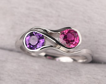 Sterling Silve Ruby and Amethyst Ring Sterling Silver Couple Ring February/July Birthstone Ring