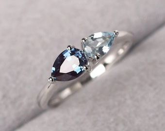 Delicate Alexandrite and Aquamarine Ring Sterling Silver 2 Stones Mothers Ring Pear Shaped June/ March Birthstone Ring