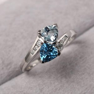 Custome Aquamarine and London Blue Topaz Ring Sterling Silver 2 Stones Mohters Ring Trillion Cut March November Birthstone Ring