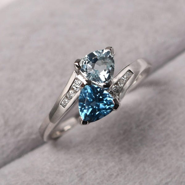 Custome Aquamarine and London Blue Topaz Ring Sterling Silver 2 Stones Mohters Ring Trillion Cut March November Birthstone Ring