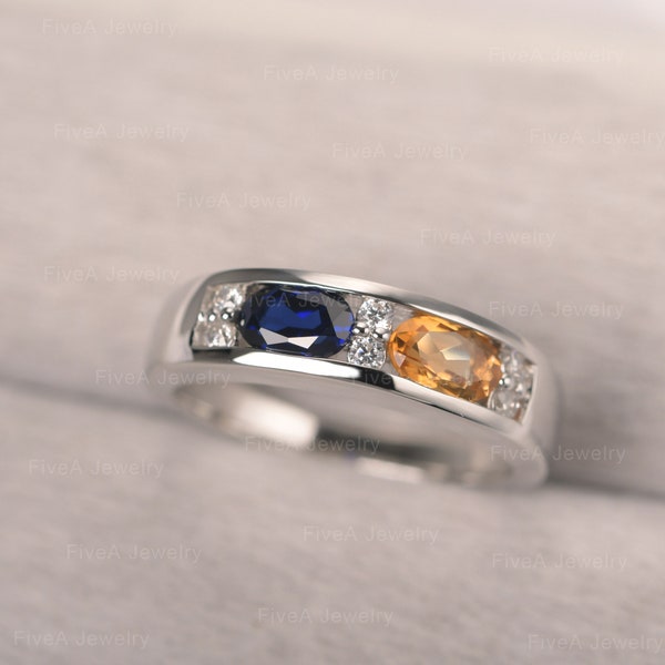 Blue Sapphire and Yellow Citrine Ring Oval Cut Birthstone Ring White Gold Multi-Stone Ring