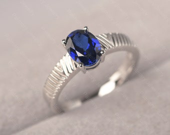 Vintage Sterling Silver Oval Cut Blue Sapphire Ring September Birthstone Solitaire Ring