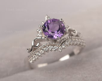 Crown Amethyst Ring Cluster Statement Ring Sterling Silver Eternity Band Ring for Women