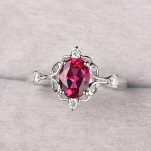 Retro Filigree Ruby Ring Oval Cut 8x6 mm Wedding Ring Silver July Birthstone Ring