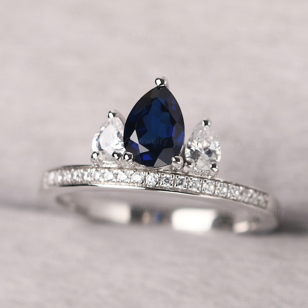 Dainty Sapphire Crown Engagement Ring Water Drop Shaped Sterling Silver September Birthstone