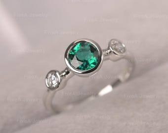 Emerald Ring Sterling Silver Bezel Set Engagement Ring Round Cut May Birthstone Ring