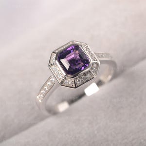 Natural Amethyst Ring Asscher Cut Halo Engagement Ring for Women