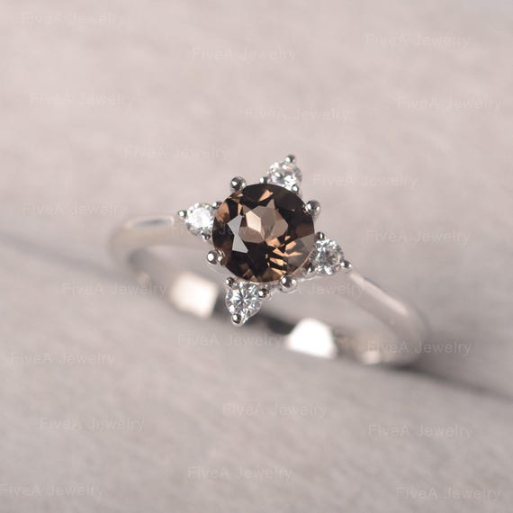 Polaris Smoky Quartz Ring Polar Star 925 Sterling Sliver Ring Round Cut Solitaire Promise Ring