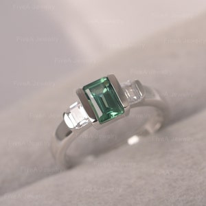 Green Sapphire Ring Sterling Silver Half Bezel Set Engagement Ring Emerald Cut Green Stone Ring