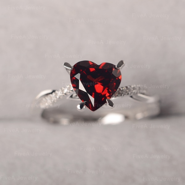 Natural Garnet Ring Red Heart Shaped Ring Love Engagement Ring for Women