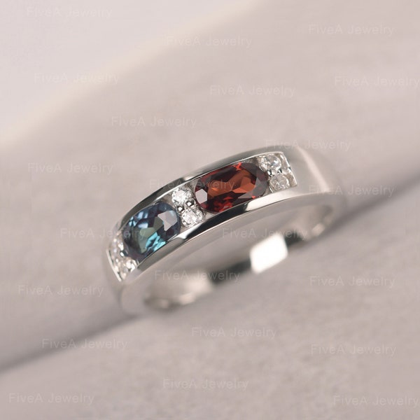 Red Garnet and Alexandrite Engagement Ring Silver Multi-Stone Ring Oval Cut Birthstone