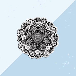 Zwart-witte draaiende mandala-sticker | Mandalastickers, stickers, briefpapier, kunststickers, dagboekstickers