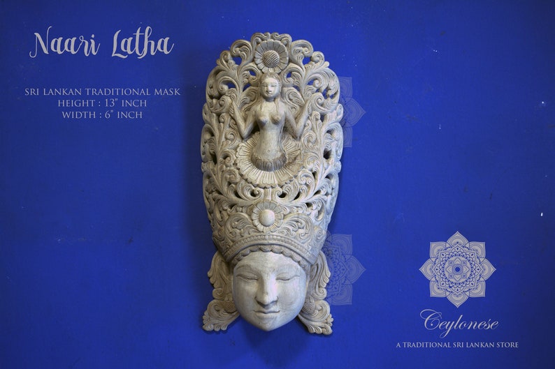 Sri Lankan Handmade Wood Carved NariLatha Mask Premium Quality Asian Artwork
