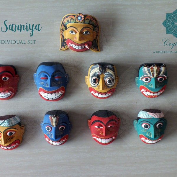 Sri Lankan Wooden Hand Carved Traditional 18 Sanniya Demon Folk Tribal Masks | Wall Décor | Premium Quality Asian Handmade Artwork