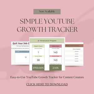 Könnte beinhalten: Ein rosa Grafik mit dem Text "SIMPLE YOUTUBE GROWTH TRACKER" und "Now Available". Das Bild enthält Mockups eines YouTube-Wachstumstrackers, der Wiedergabezeiten, Abonnenten und Wachstumsprozentsätze anzeigt. Der Text "CLICK HERE TO DOWNLOAD" ist ebenfalls sichtbar.