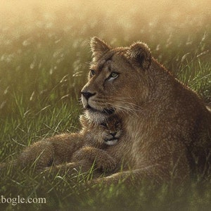 Mother & Baby Lion Painting, Lion Cub Art Print, Nursery Wall Art, Big Cat, Wildlife Art, Animal Portrait, Nature Print, Canvas