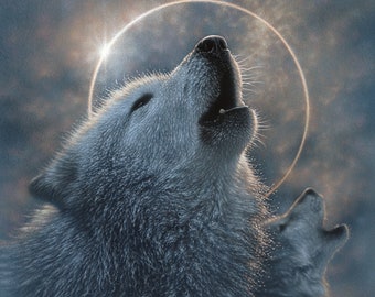 Howling Wolf Painting, Wolf Art Print, Full Moon Eclipse, Wildlife Art, Animal Portrait, Nature Wall Art, Canvas Artwork