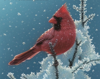 Winter Cardinal Painting, Cardinal Bird Print, Cardinal in Snow, Bird Art, Song Bird Artwork, Wall Art, Cabin Decor, Bird Illustration