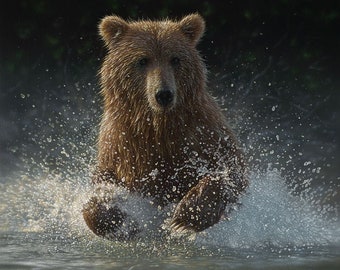 Bear Art Print, Brown Bear Painting, Grizzly Bear Fishing, Wildlife Art, Animal, Nature Wall Art, Canvas Artwork, Artist Collin Bogle